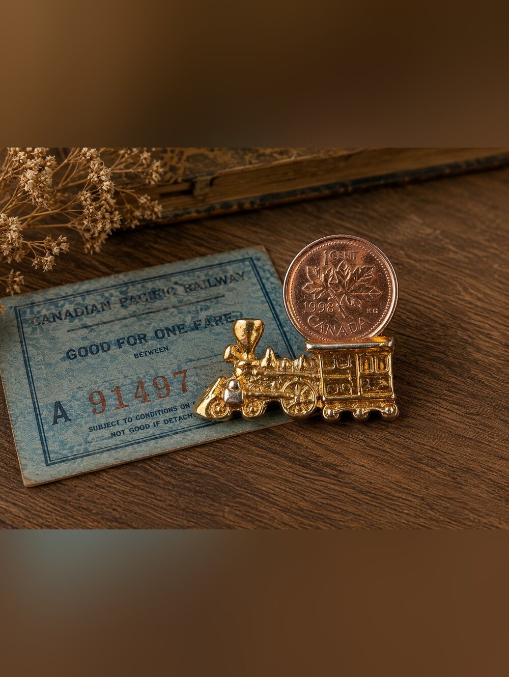 Vintage Miniature Steam Train Figurine with Canadian Penny Display – Gold Tone
